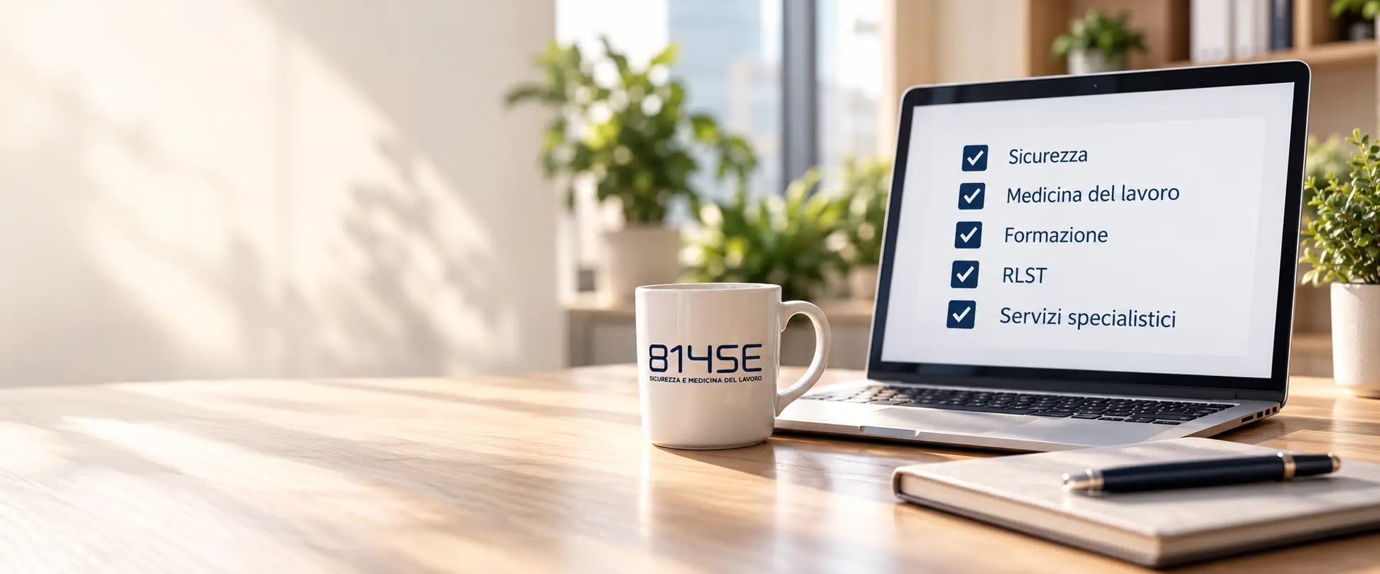 81HSE Hero Scrivania Scrivania 81HSE con portatile, checklist dei servizi e tazza con il logo
