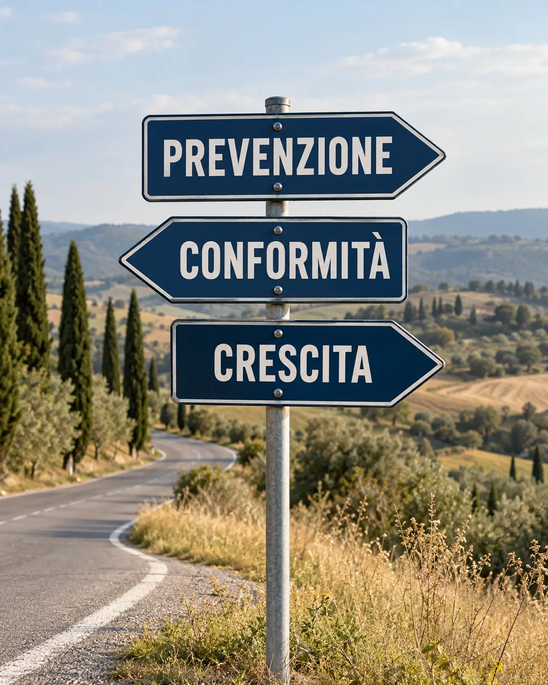 81HSE Tagliando Prevenzione Conformita Crescita Tre cartelli indicano Prevenzione, Conformità e Crescita lungo una strada di campagna